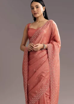 Rust Brown Crushed Tissue Cutdana And Sequin Embroidered Saree