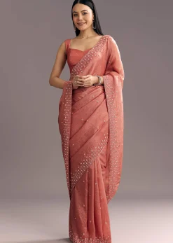 Rust Brown Crushed Tissue Cutdana And Sequin Embroidered Saree