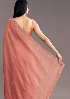 Rust Brown Crushed Tissue Cutdana And Sequin Embroidered Saree