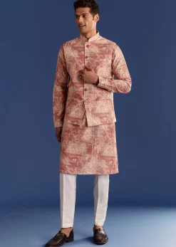 Rust Cotton Silk Kurta Jacket Set With Coastal Print