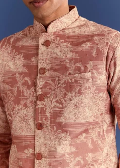 Rust Cotton Silk Kurta Jacket Set With Coastal Print