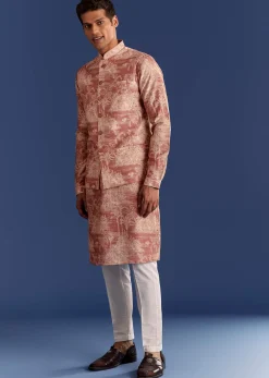 Rust Cotton Silk Kurta Jacket Set With Coastal Print