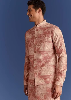 Rust Cotton Silk Kurta Jacket Set With Coastal Print