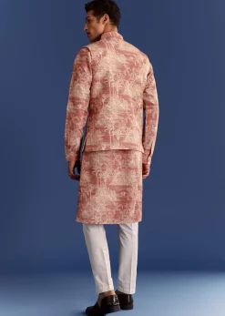 Rust Cotton Silk Kurta Jacket Set With Coastal Print