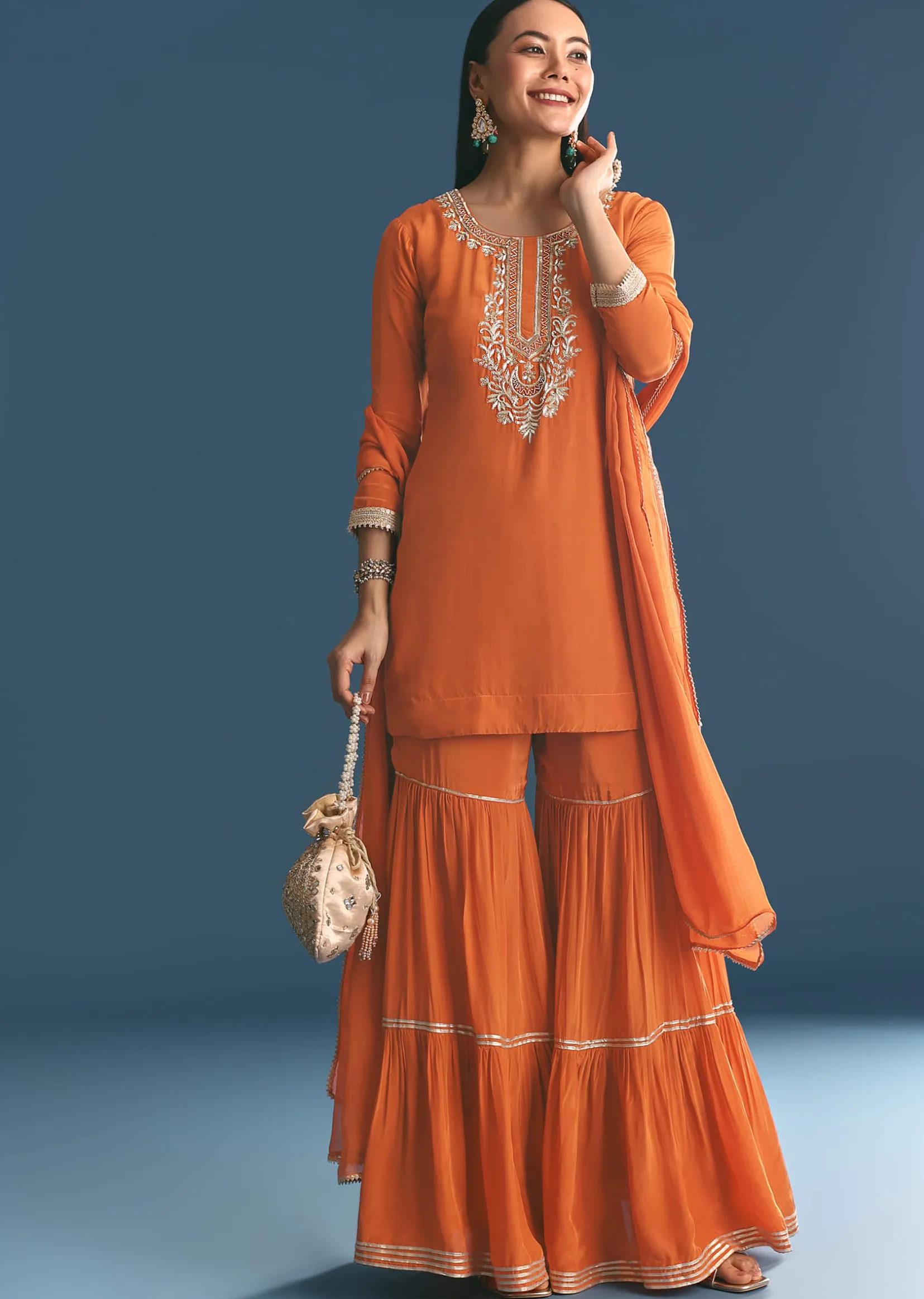 Rust Crepe Kurta Sharara Suit With Zardosi And Sequins Dupatta