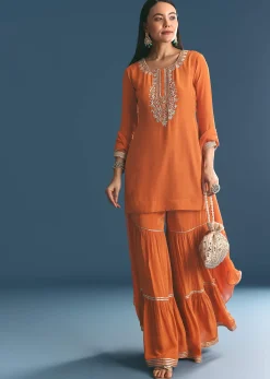 Rust Crepe Kurta Sharara Suit With Zardosi And Sequins Dupatta