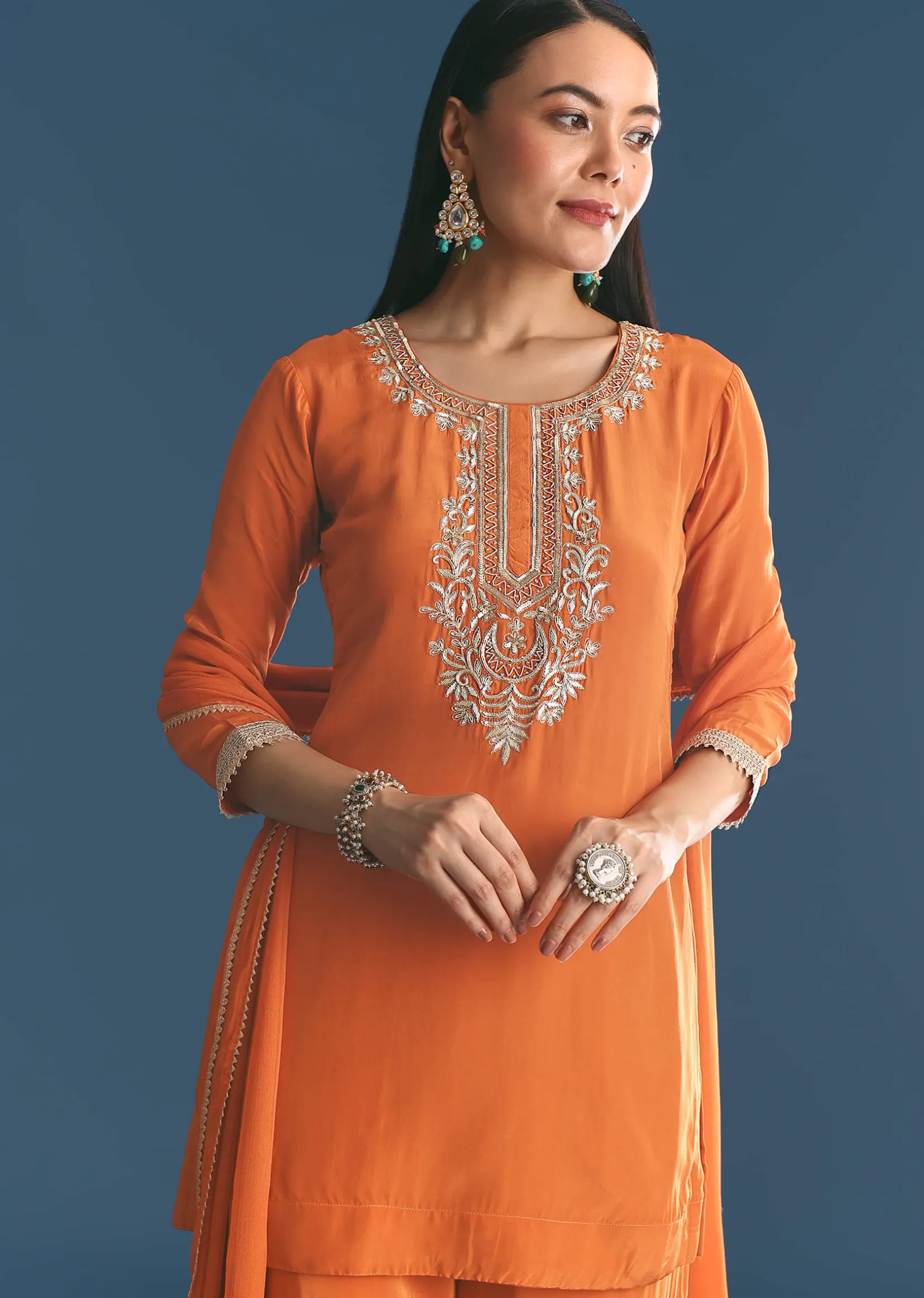 Rust Crepe Kurta Sharara Suit With Zardosi And Sequins Dupatta