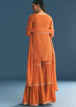 Rust Crepe Kurta Sharara Suit With Zardosi And Sequins Dupatta