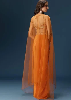 Rust Dhoti Skirt Set With Embellished Blouse And Tassel Net Dupatta