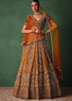 Rust Embroidered Bridal Lehenga With Deep Neckline Blouse And Dupatta
