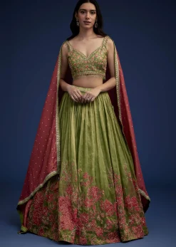 Rust Green Embroidered Lehenga Choli Set With Dupatta