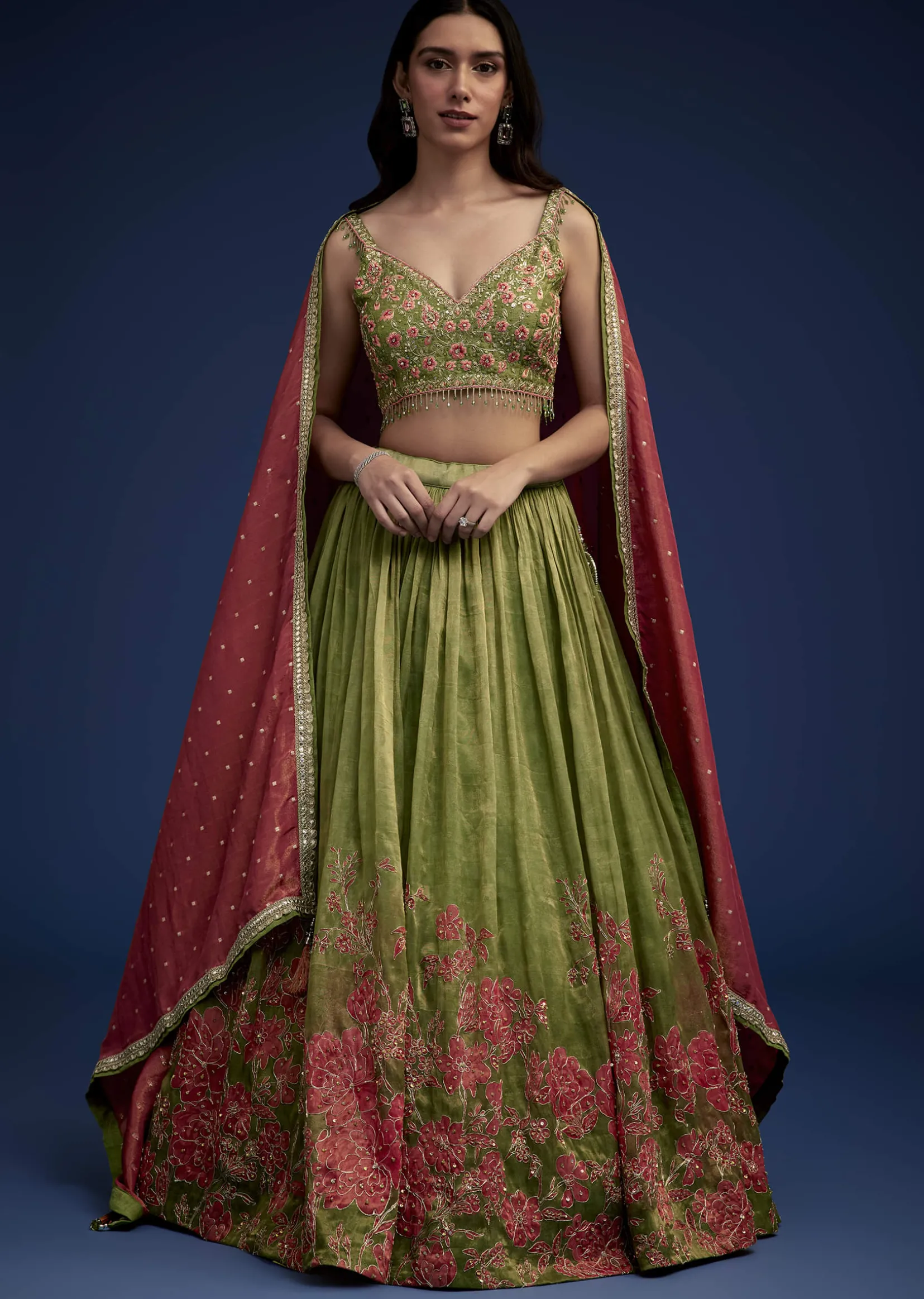 Rust Green Embroidered Lehenga Choli Set With Dupatta