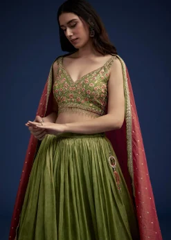 Rust Green Embroidered Lehenga Choli Set With Dupatta