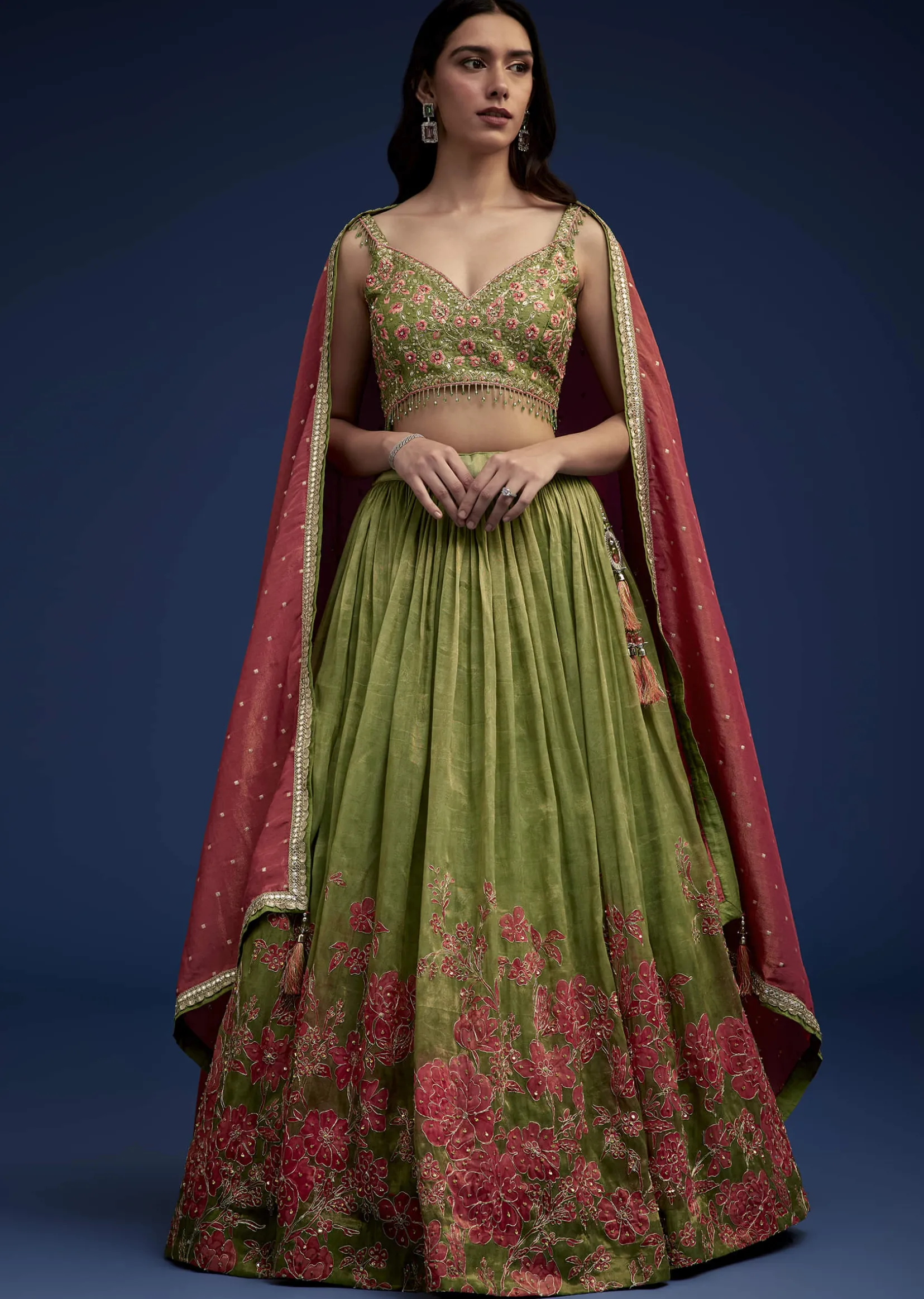 Rust Green Embroidered Lehenga Choli Set With Dupatta