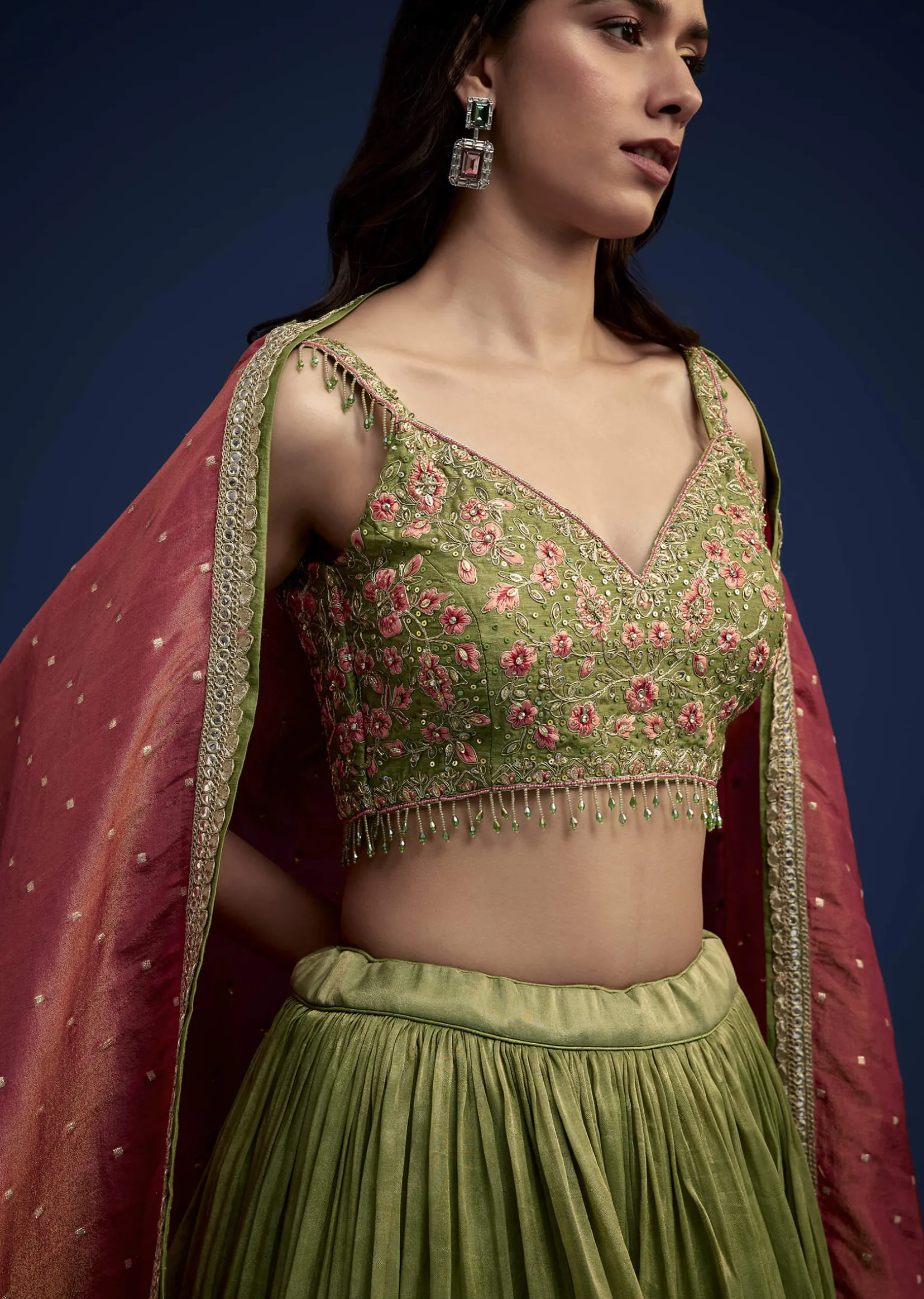 Rust Green Embroidered Lehenga Choli Set With Dupatta