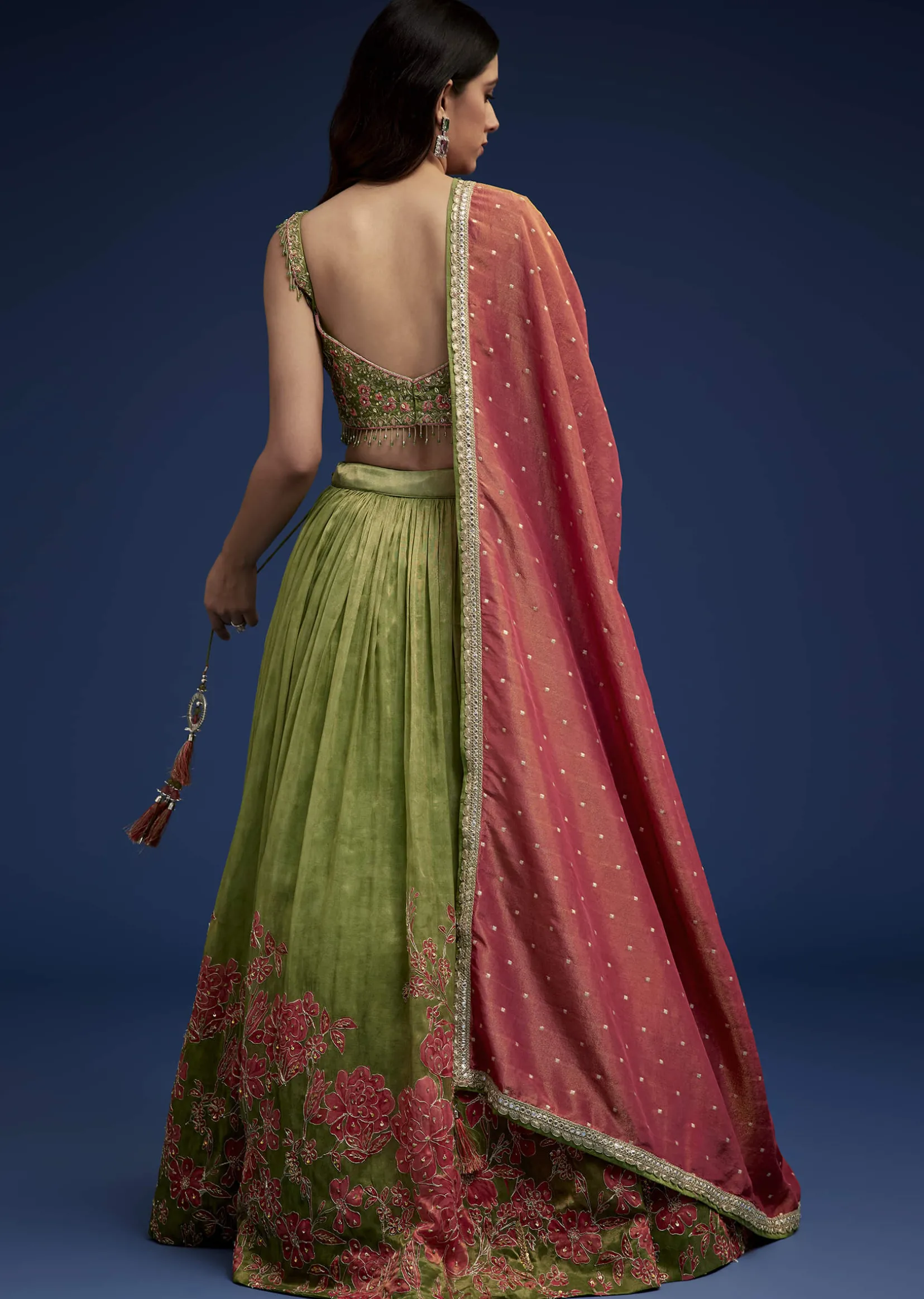 Rust Green Embroidered Lehenga Choli Set With Dupatta
