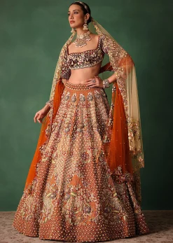 Rust Hand Work Lehenga With Velvet Blouse And Dupatta