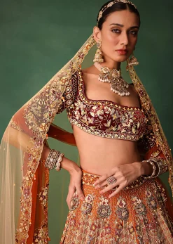 Rust Hand Work Lehenga With Velvet Blouse And Dupatta