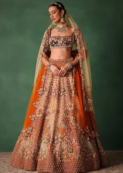 Rust Hand Work Lehenga With Velvet Blouse And Dupatta