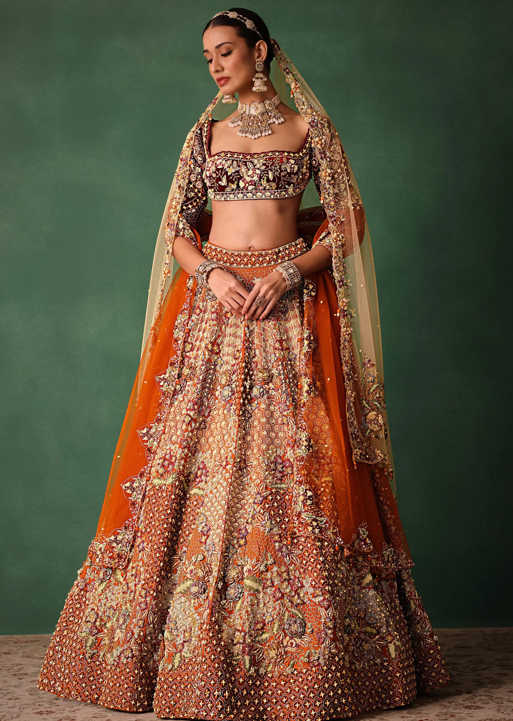 Rust Hand Work Lehenga With Velvet Blouse And Dupatta