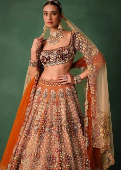Rust Hand Work Lehenga With Velvet Blouse And Dupatta