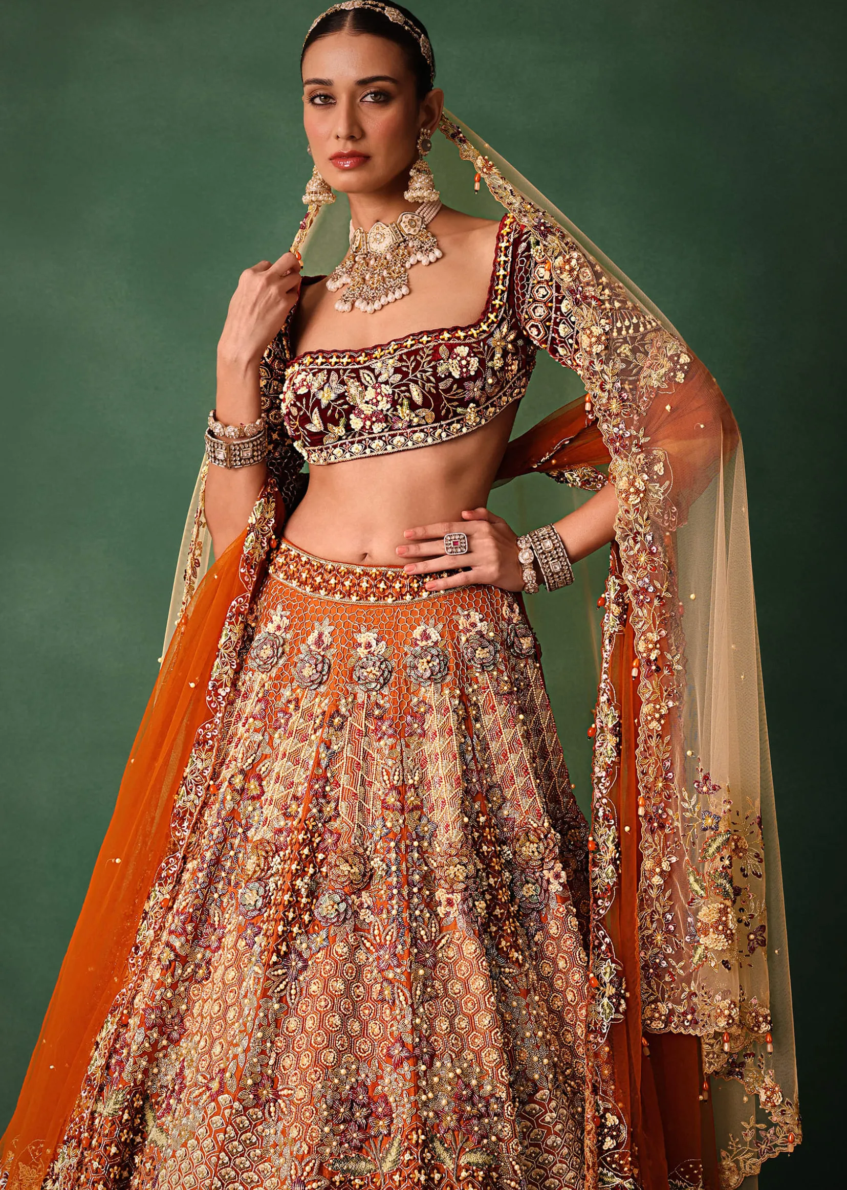 Rust Hand Work Lehenga With Velvet Blouse And Dupatta