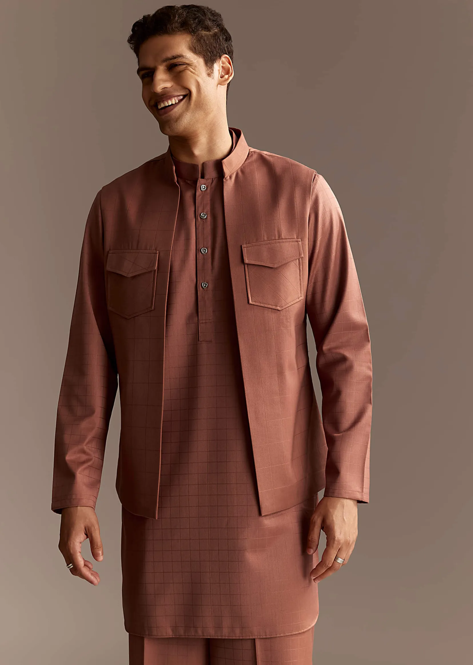 Rust Kurta Jacket Set With Palazzo Pants