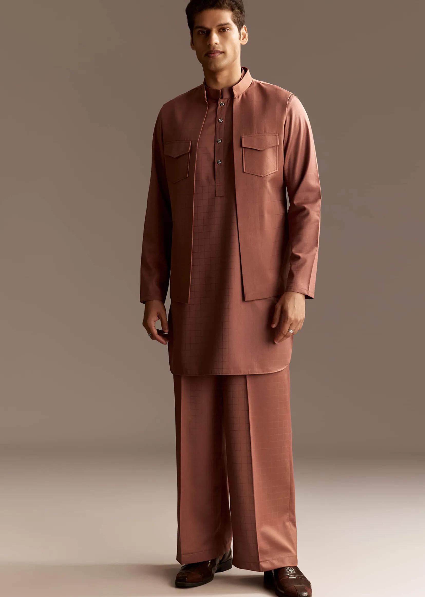 Rust Kurta Jacket Set With Palazzo Pants