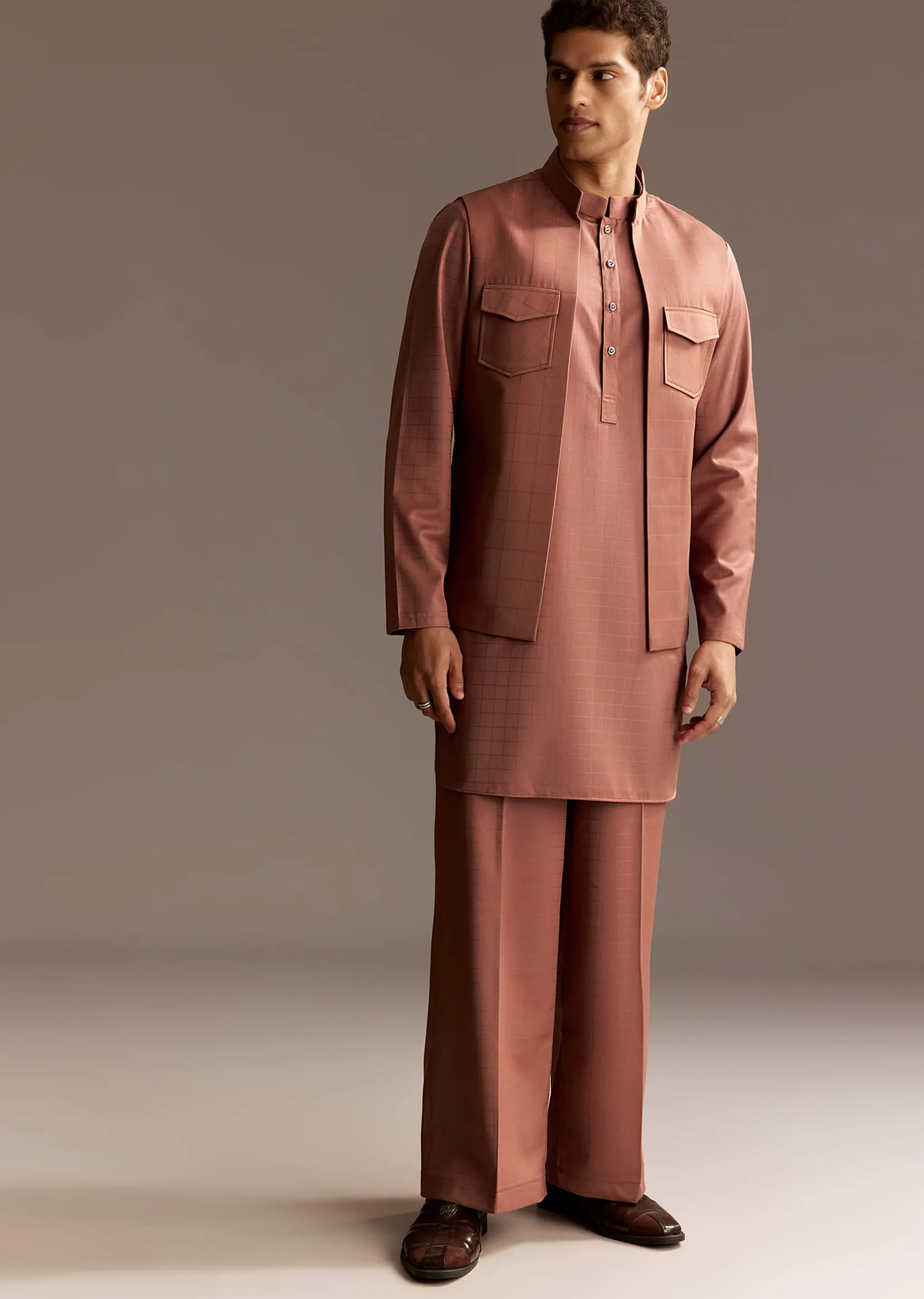 Rust Kurta Jacket Set With Palazzo Pants
