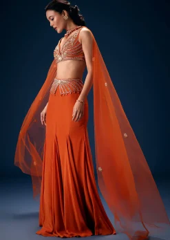 Rust Mermaid Symmetric Belt Skirt With Blouse And Choker