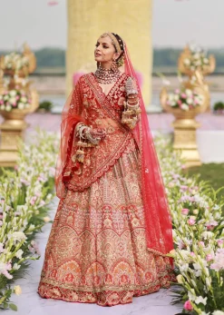 Rust Orange Embroidered Bridal Lehenga Set With Aari Work