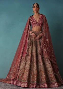 Rust Orange Embroidered Bridal Lehenga Set With Aari Work