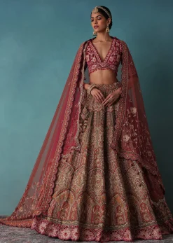 Rust Orange Embroidered Bridal Lehenga Set With Aari Work