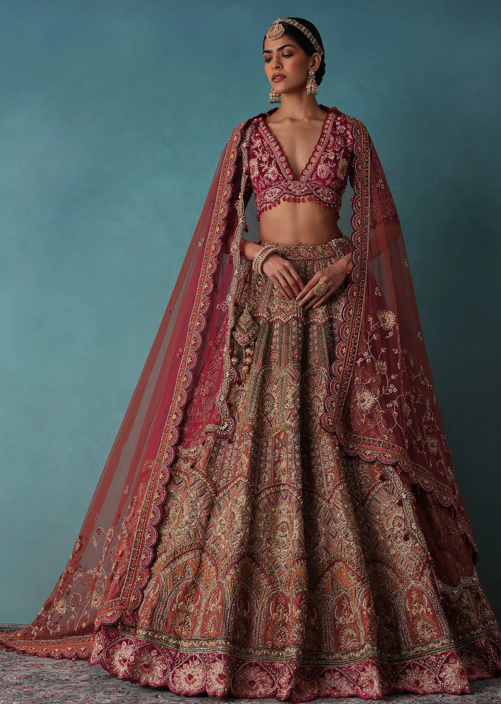 Rust Orange Embroidered Bridal Lehenga Set With Aari Work