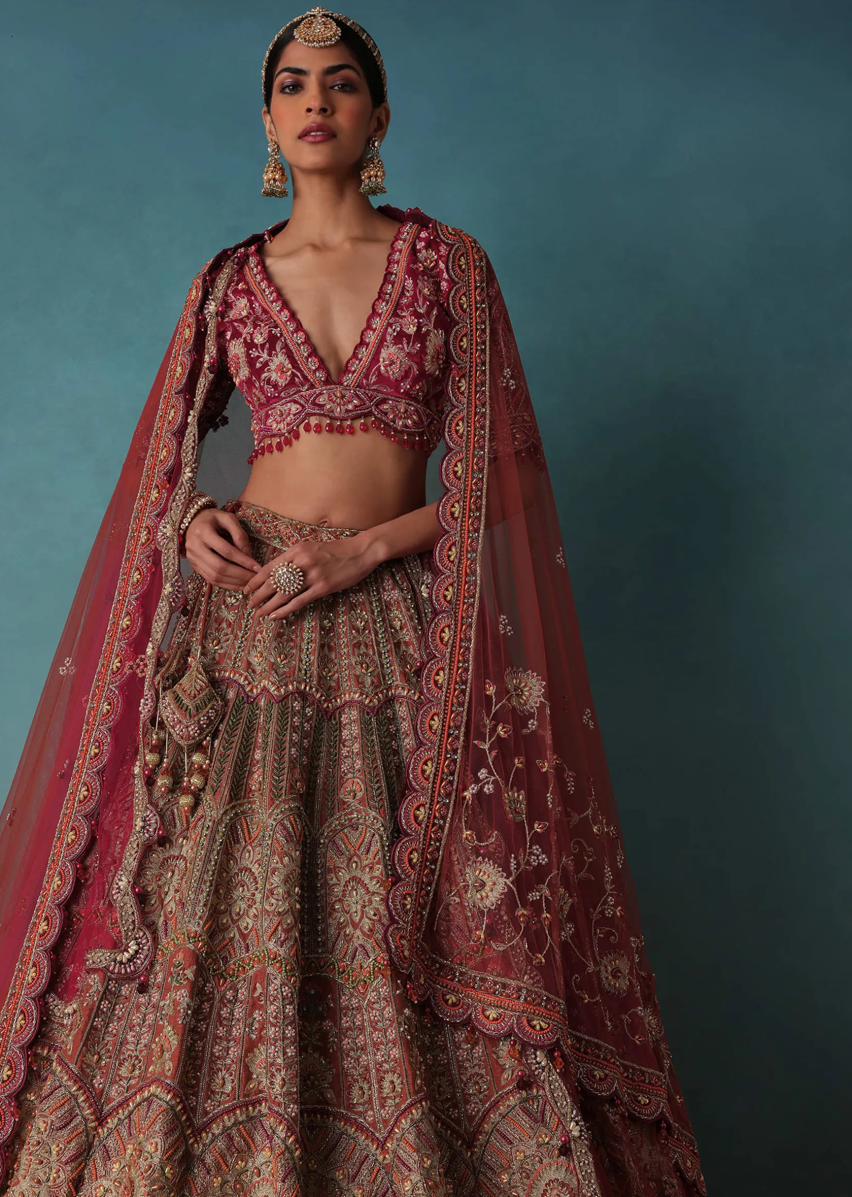Rust Orange Embroidered Bridal Lehenga Set With Aari Work