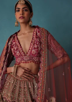 Rust Orange Embroidered Bridal Lehenga Set With Aari Work