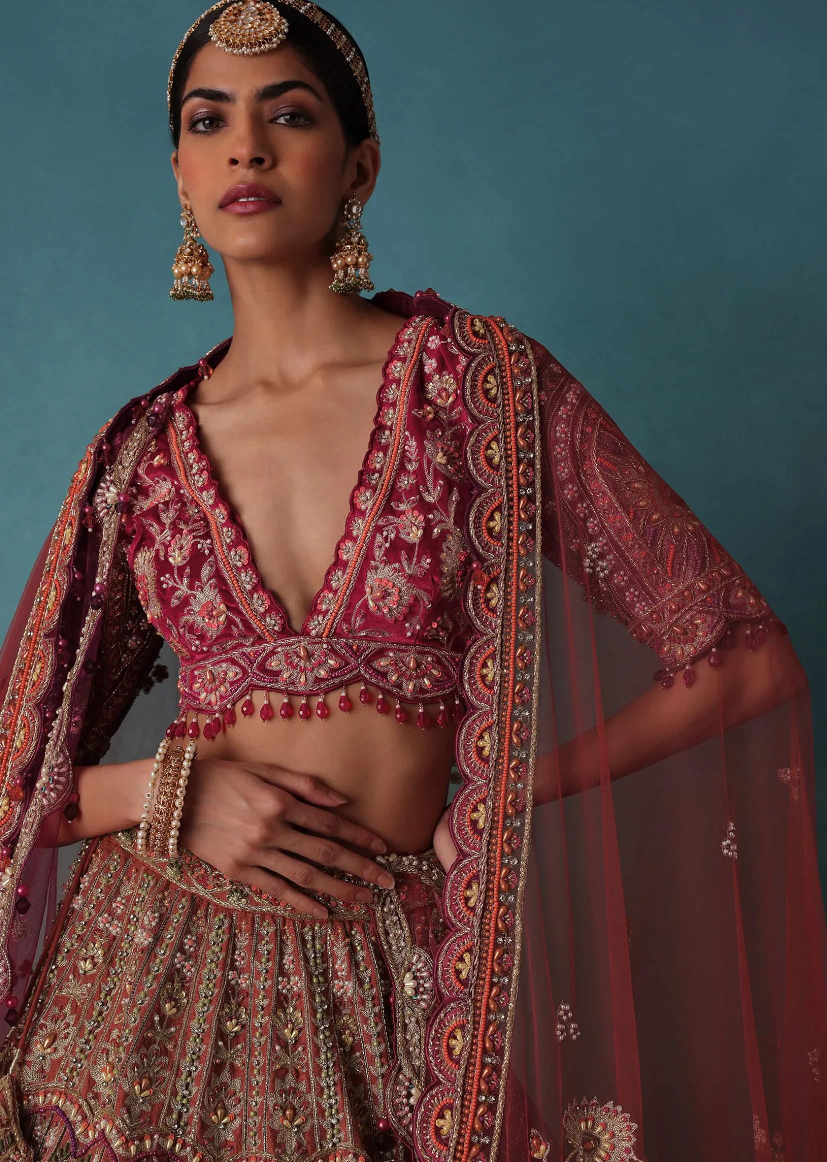Rust Orange Embroidered Bridal Lehenga Set With Aari Work