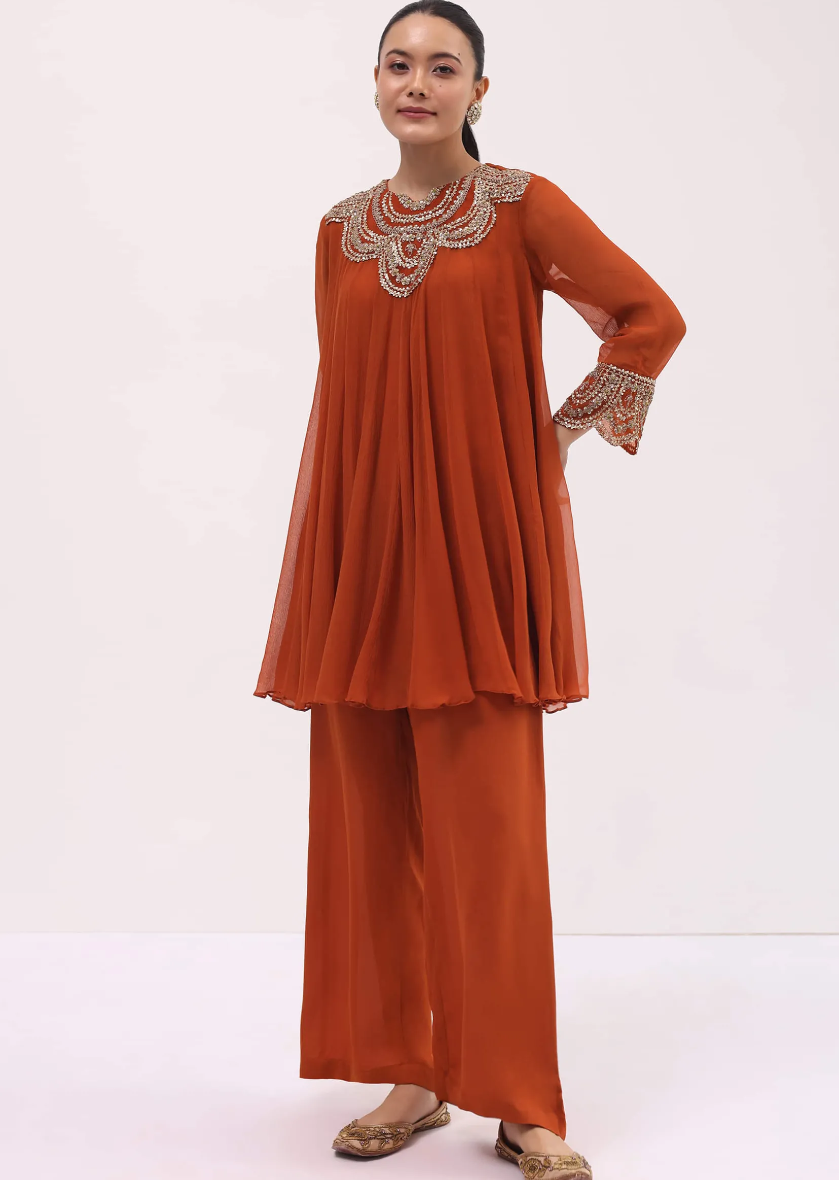 Rust Orange Embroidered Chiffon Kurta Palazzo