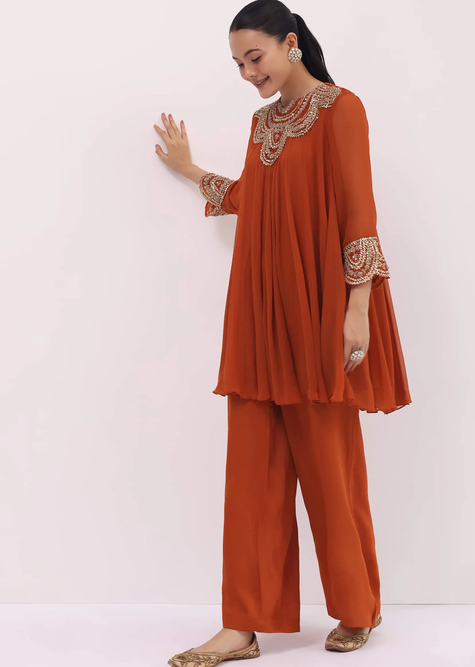 Rust Orange Embroidered Chiffon Kurta Palazzo