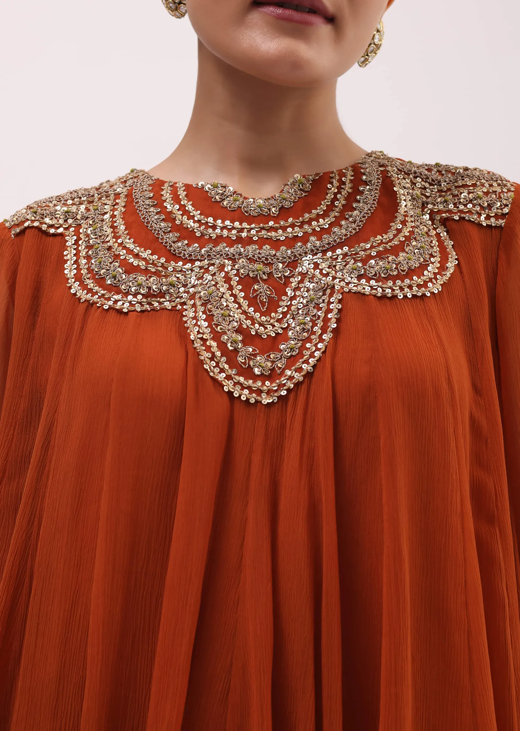 Rust Orange Embroidered Chiffon Kurta Palazzo