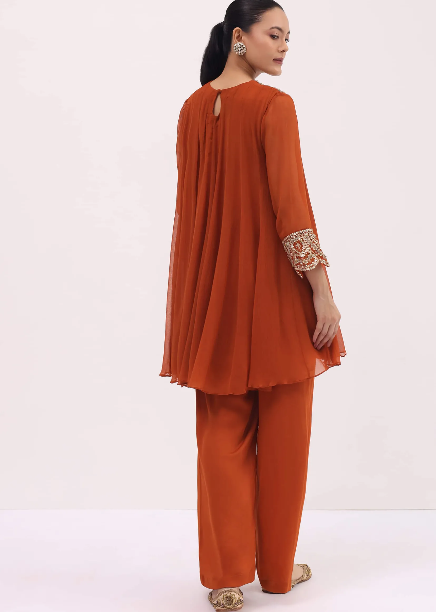 Rust Orange Embroidered Chiffon Kurta Palazzo