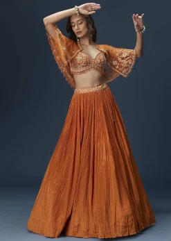 Rust Orange Embroidered Lehenga With Dramatic Cape And Blouse