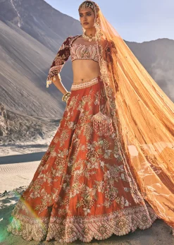 Rust Orange Embroidered Lehenga Set With Two Bordered Dupattas