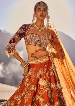 Rust Orange Embroidered Lehenga Set With Two Bordered Dupattas