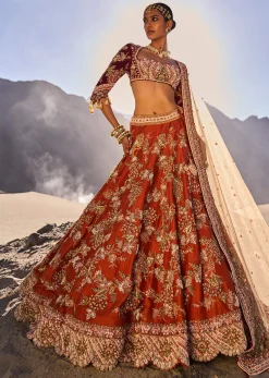 Rust Orange Embroidered Lehenga Set With Two Bordered Dupattas