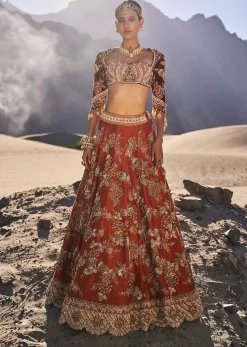 Rust Orange Embroidered Lehenga Set With Two Bordered Dupattas