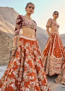 Rust Orange Embroidered Lehenga Set With Two Bordered Dupattas