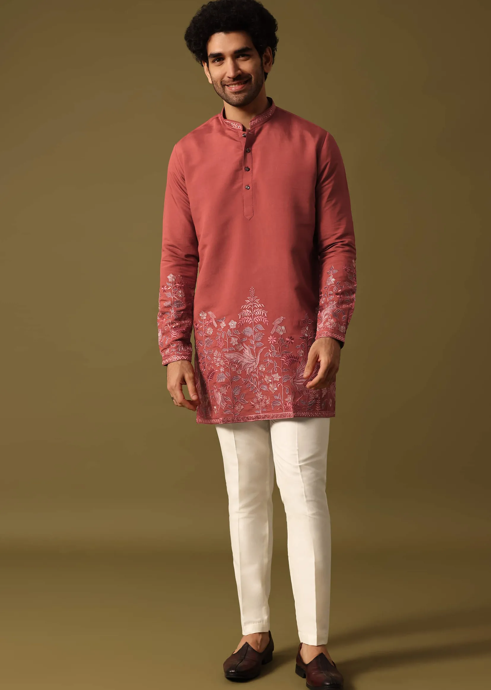 Rust Orange Kurta Set In Resham Work For Men