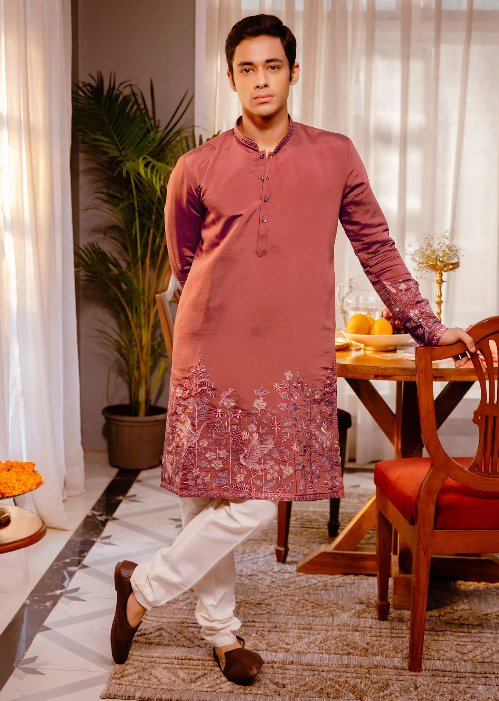 Rust Orange Kurta Set In Resham Work For Men