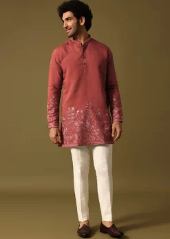 Rust Orange Kurta Set In Resham Work For Men